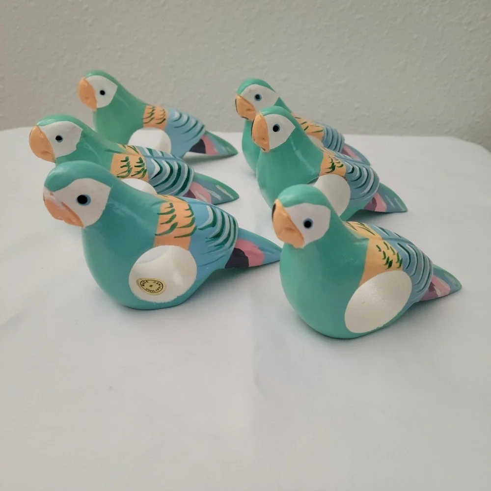 Vtg Wooden Parrot Napkin Rings 6 Pastel Hand Carved Painted Birds Philippines